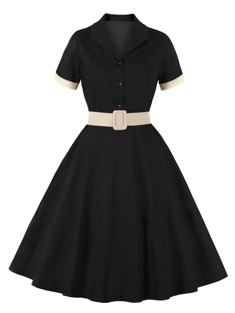 1950s Retro Contrast Short Sleeved Lapel Dress Retro Stage