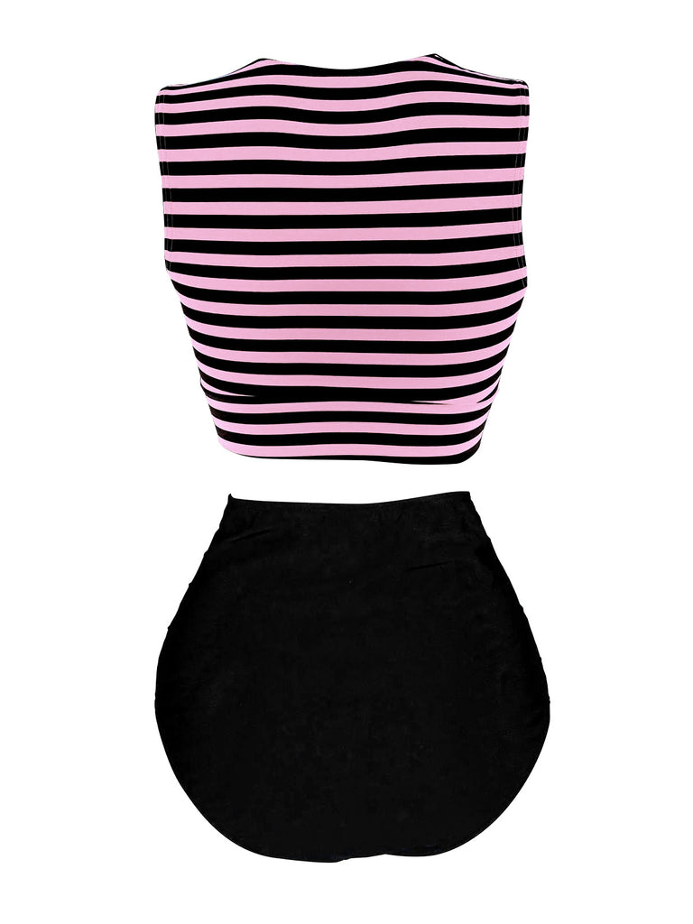 [Pre-Sale] Pink & Black 1970s Striped Waist Tie Patchwork Swimsuit