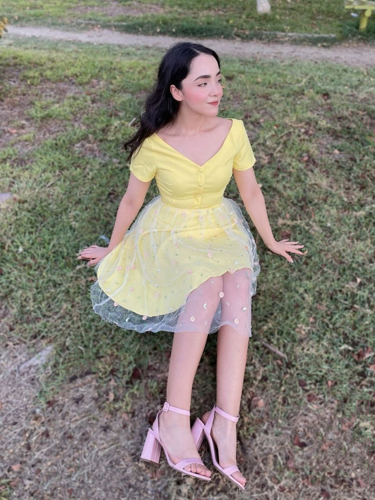 Yellow 1950s V-Neck Daisy Mesh Dress