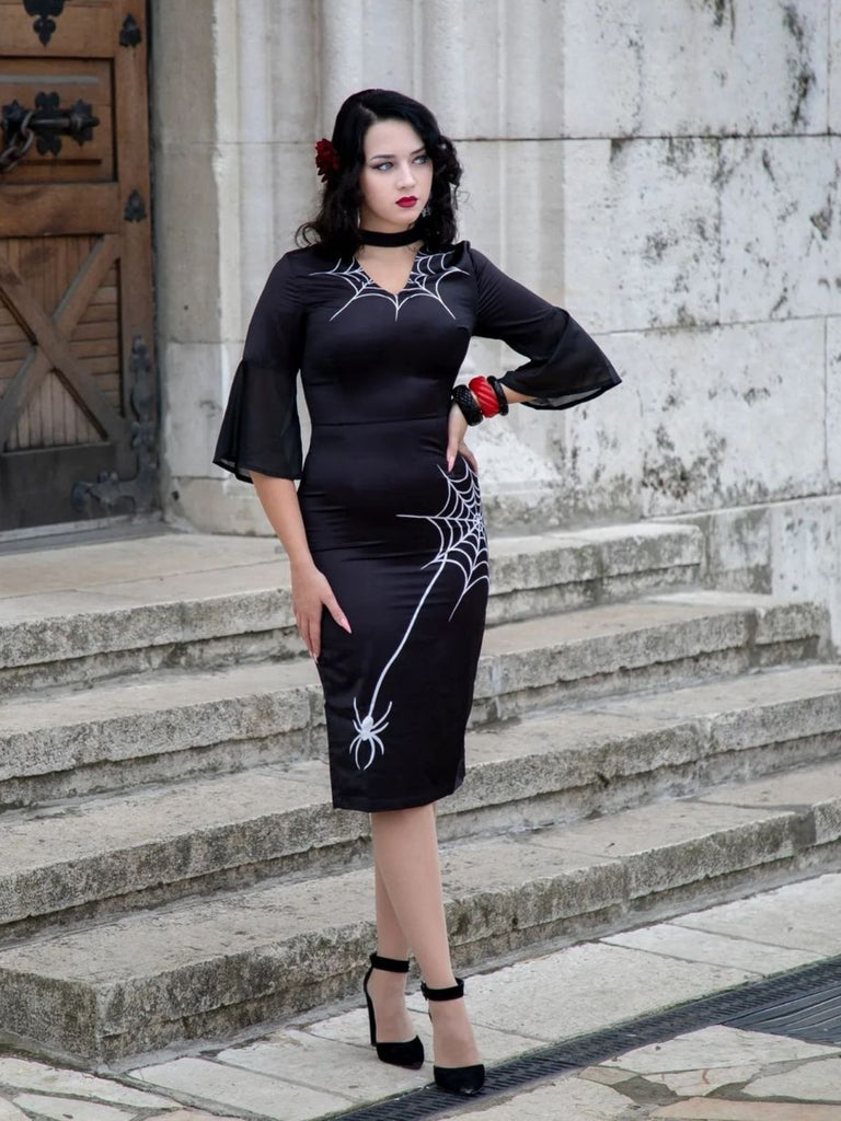 Black 1960s Halloween Spider Net Bell Pencil Dress