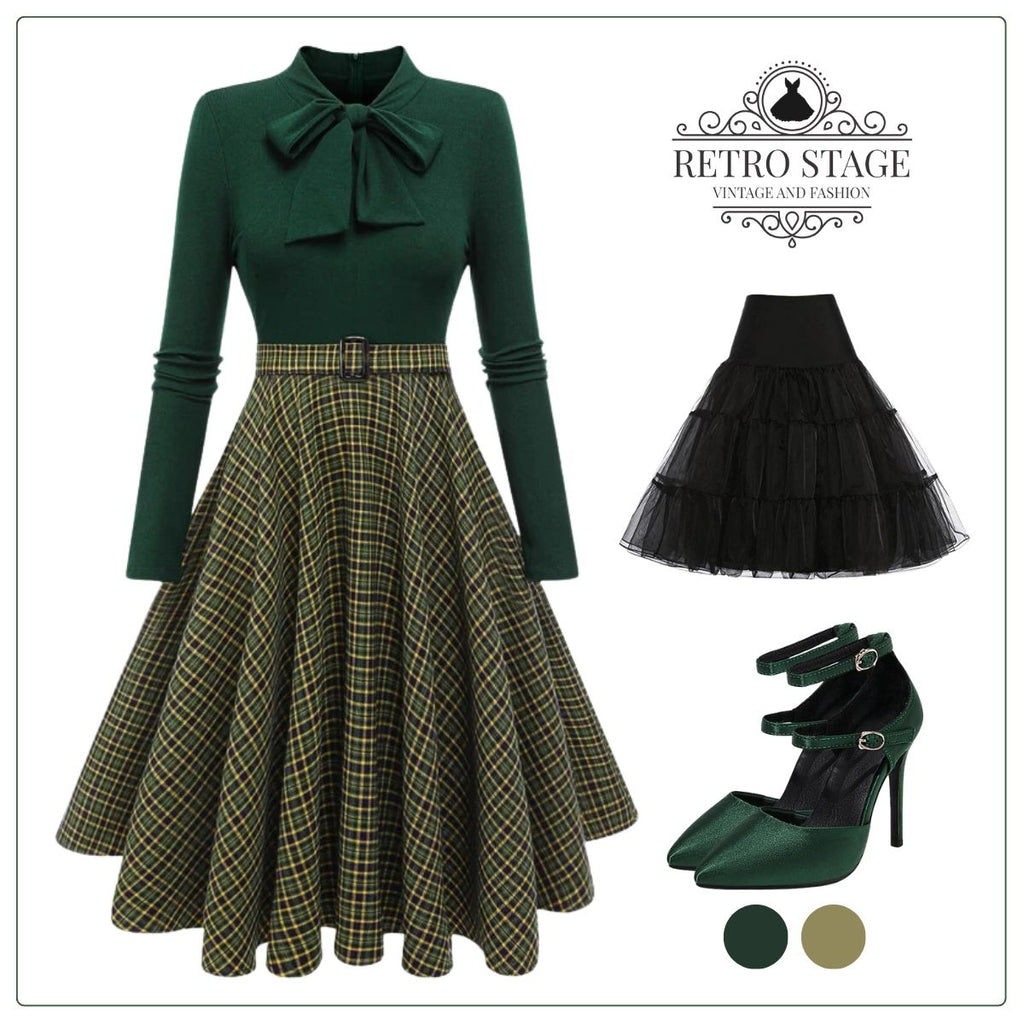 Dark Green 1950s Plaid Knitting Dress