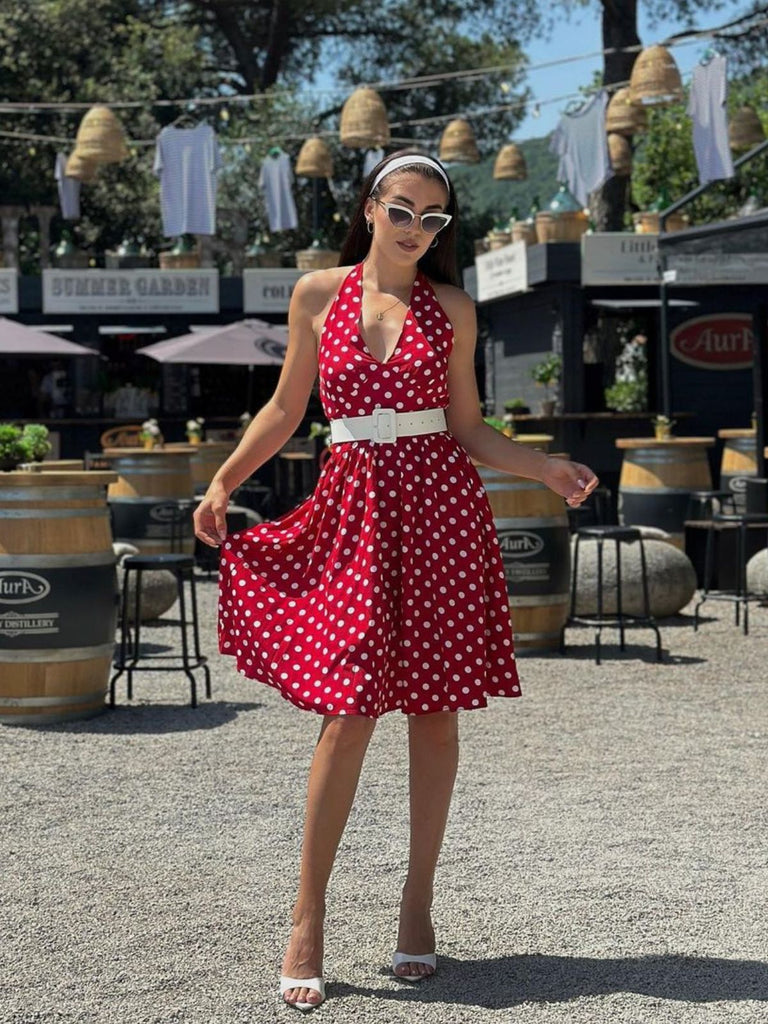 Red 1950s Polka Dot Halter Dress