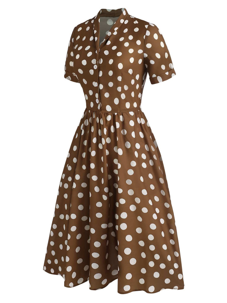 [Pre-Sale] Brown 1940s Lapel Buttons Pocketed Polka Dots Dress