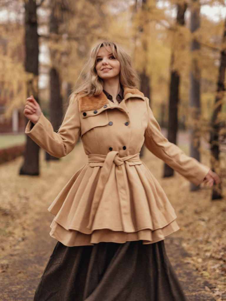 1950s Fur Collar Waisted Winter Coat