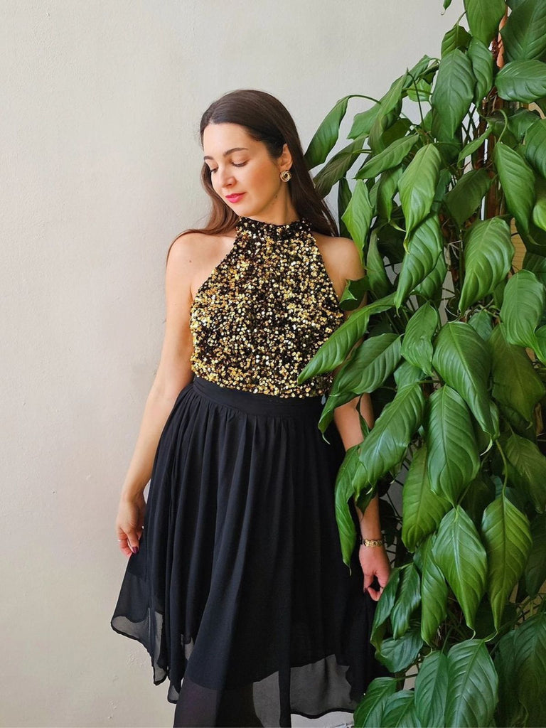 Black 1950s Gold Glitter Patchwork Dress