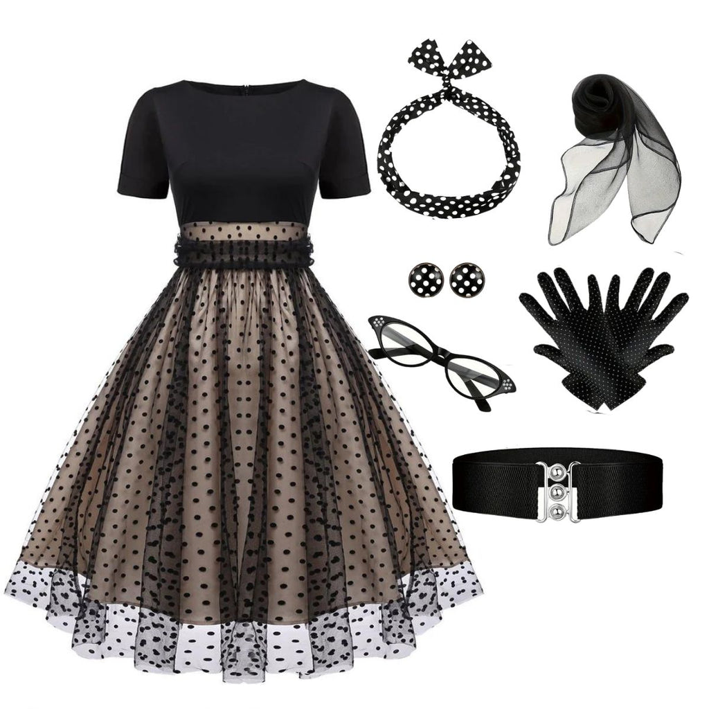 Black 1950s Polka Dot Swing Vintage Dress With Accessories Set