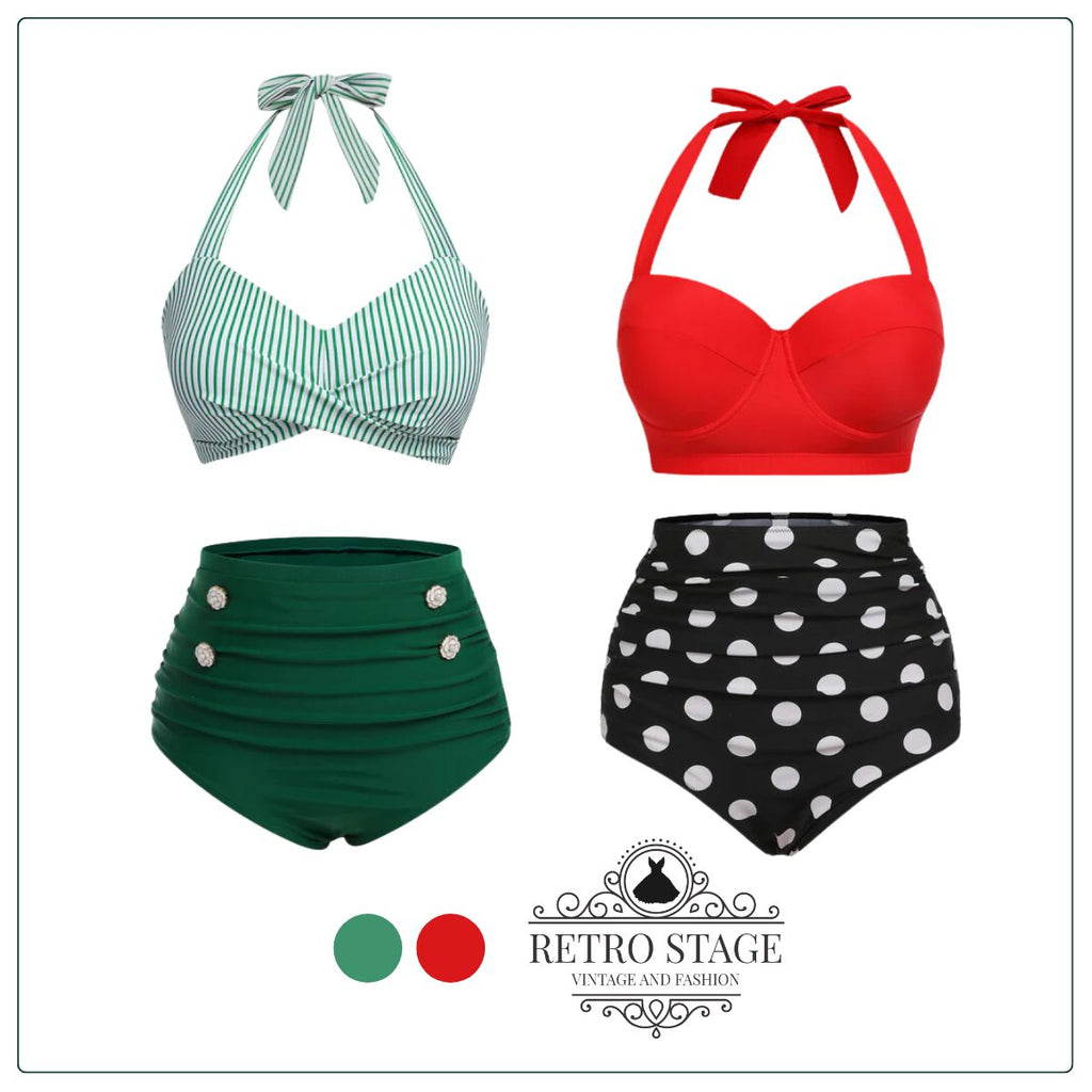 Green 1940s Striped Halter Swimsuit Set