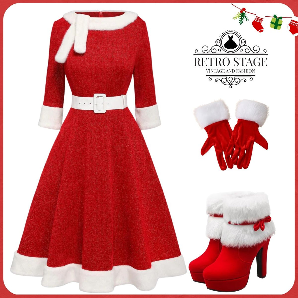 [Pre-Sale] Red 1950s Solid Plush Christmas Dress