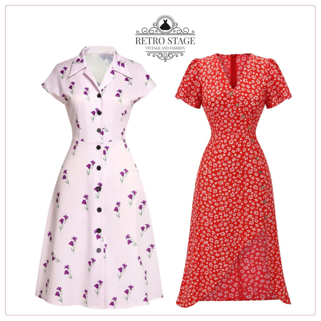 Red 1940s Floral V-Neck Added Button Dress