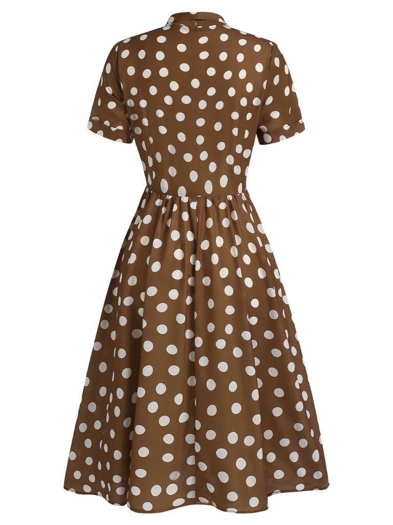 [Pre-Sale] Brown 1940s Lapel Buttons Pocketed Polka Dots Dress