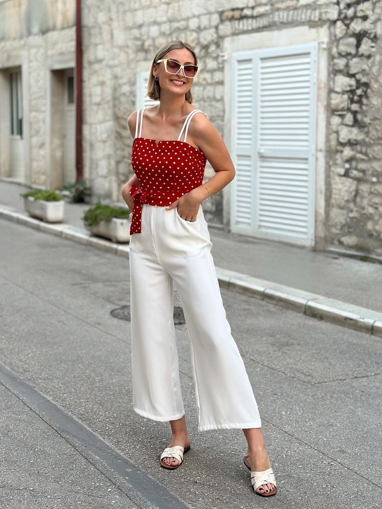 Red 1950s Polka Dot Spaghetti Strap Jumpsuit