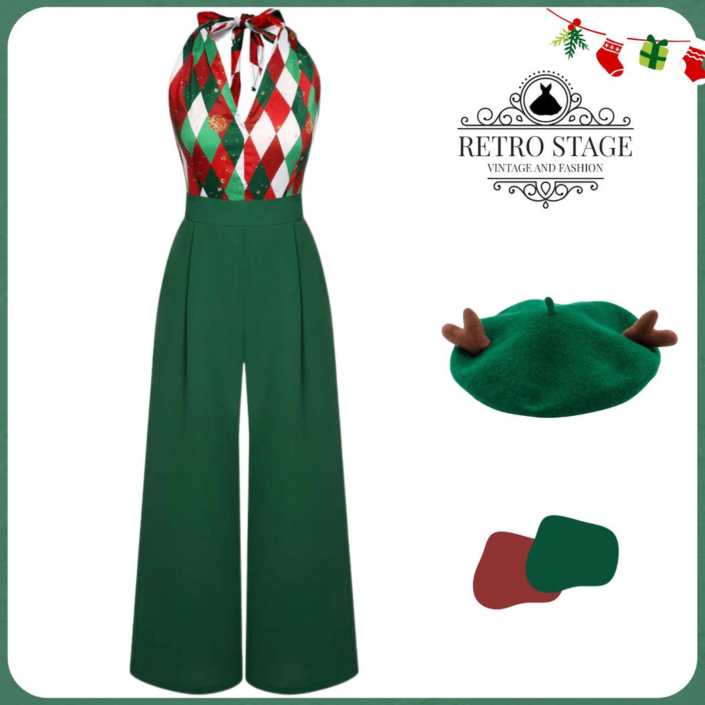 Green 1930s Christmas Plaid Lace Patchwork Jumpsuit