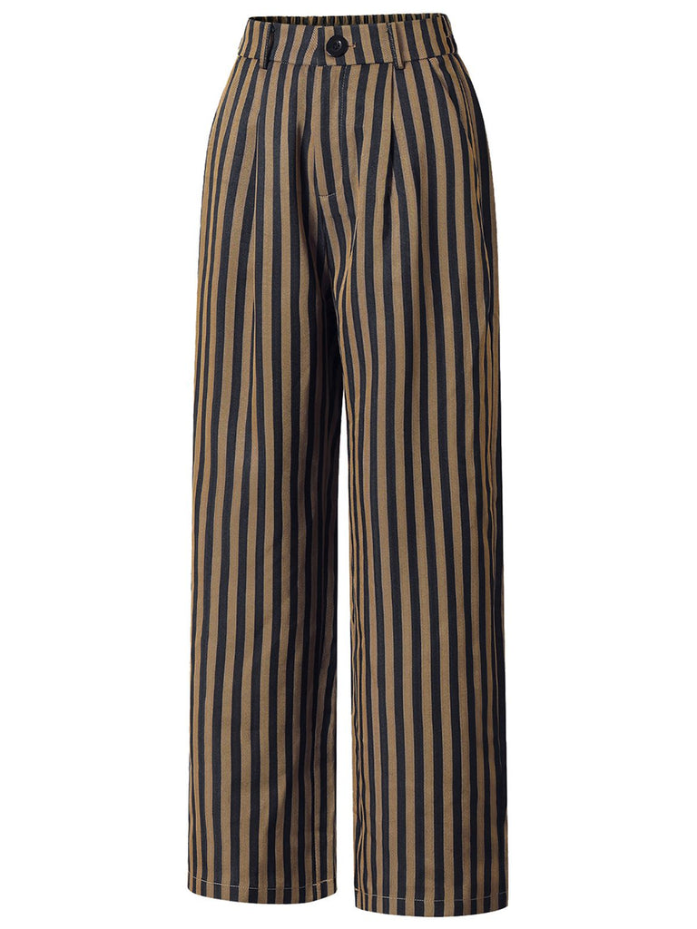 Brown 1940s Stripes Straight-Leg Pants