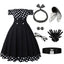 Black 1950s Off Shoulder Polka Dots Dress With Accessories Set