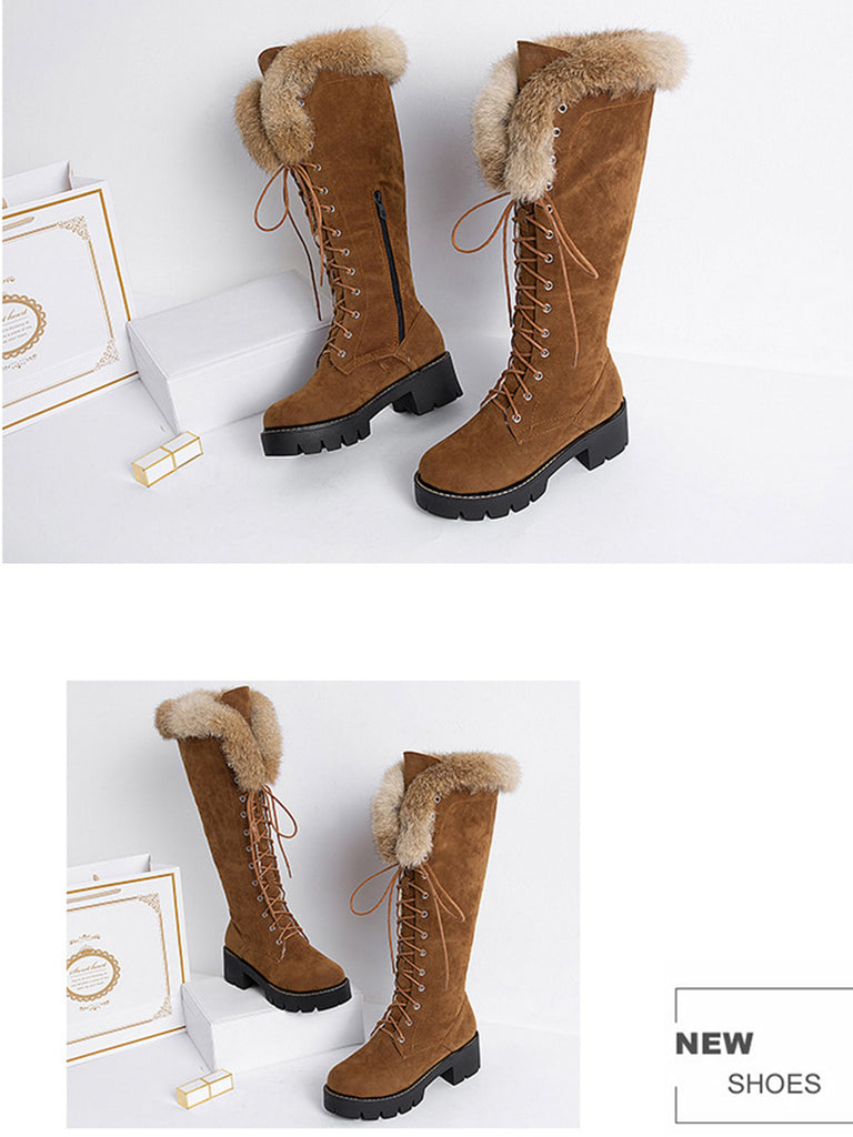 Retro Furry Chunky Heel Snow Boots