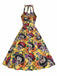 Yellow 1950s Hippie Skull Bow Halter Swing Dress