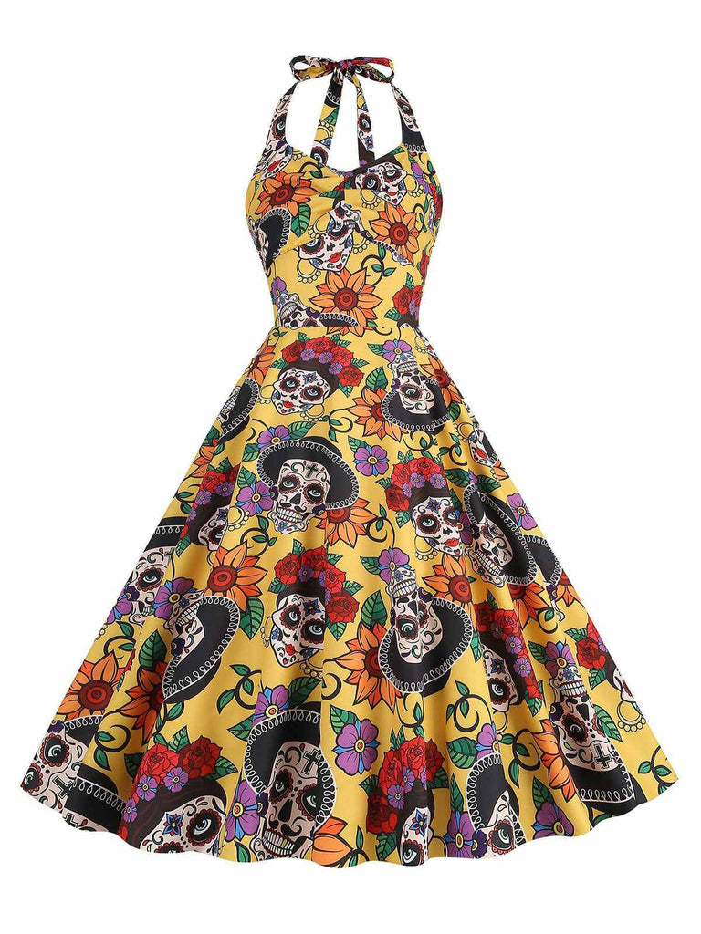 Yellow 1950s Hippie Skull Bow Halter Swing Dress