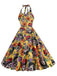 Yellow 1950s Hippie Skull Bow Halter Swing Dress