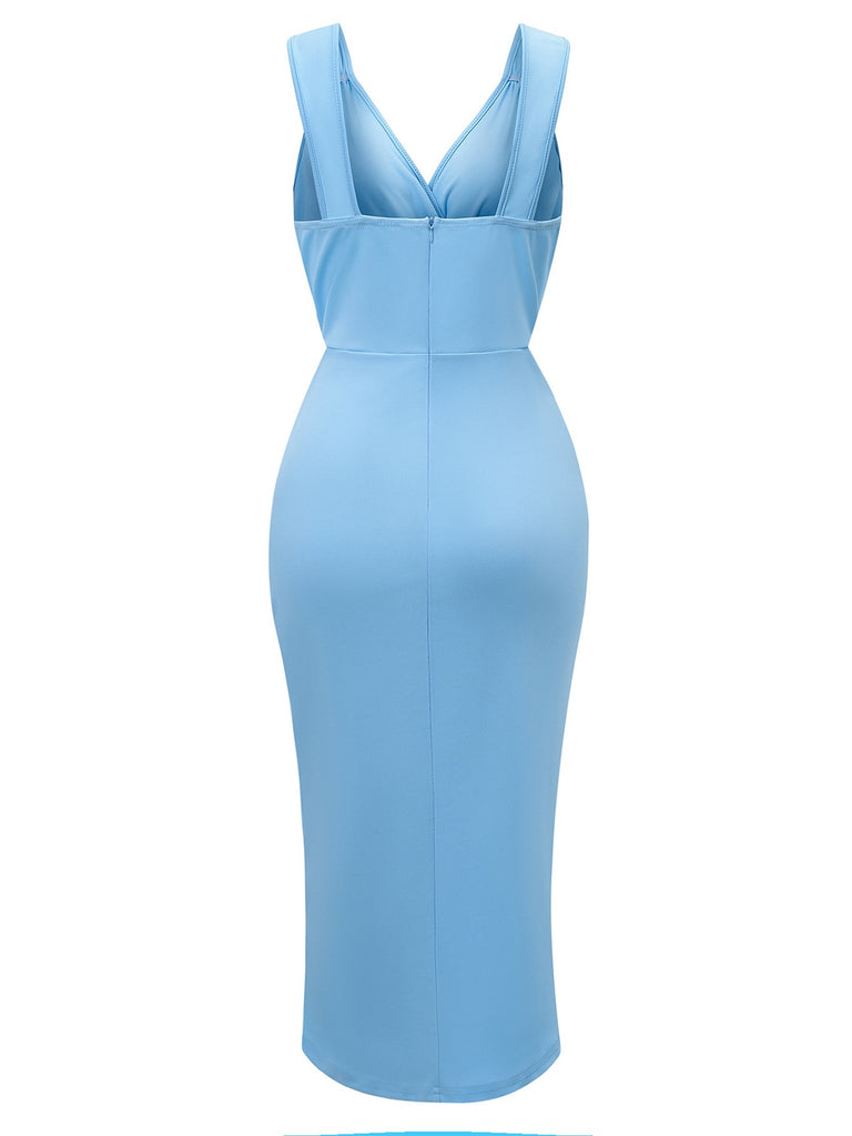 1960s Solid V-Neck Side Slit Bodycon Dress