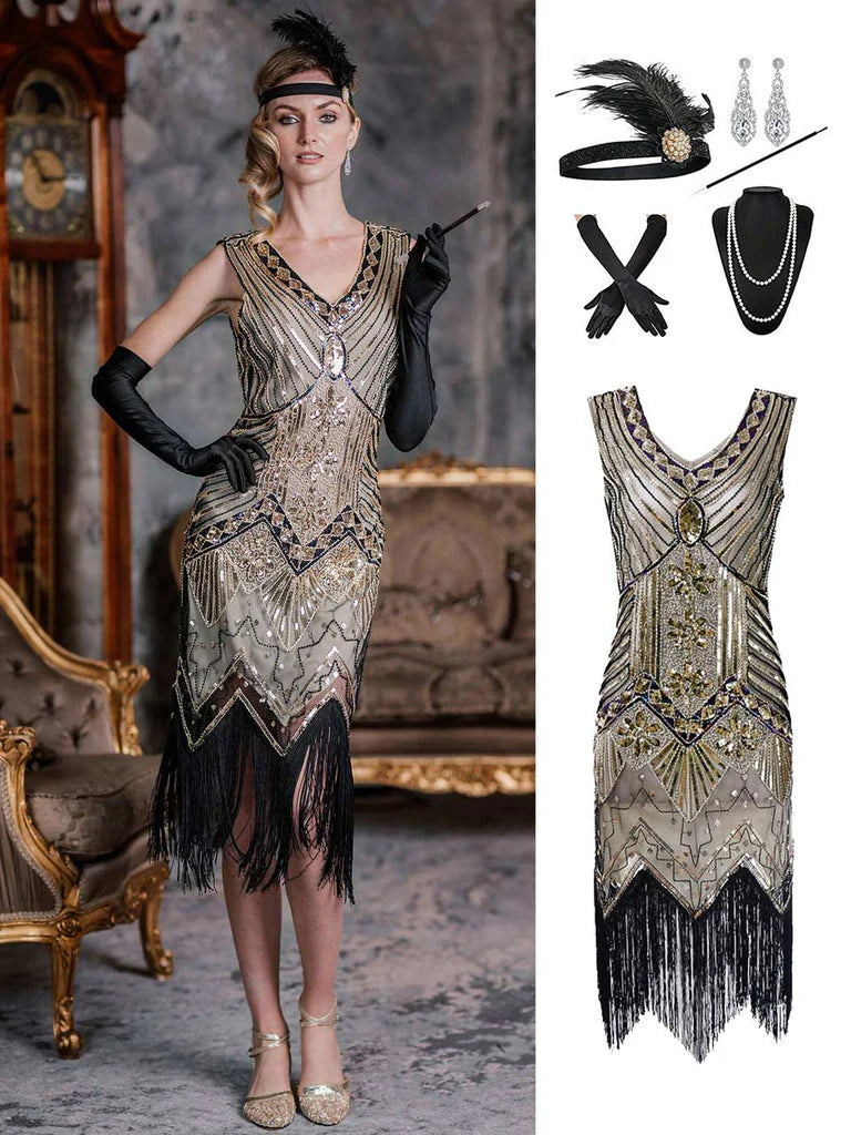 [US Warehouse] Champagne 1920s Sequined Flapper Dress & 6PCS Acccessories