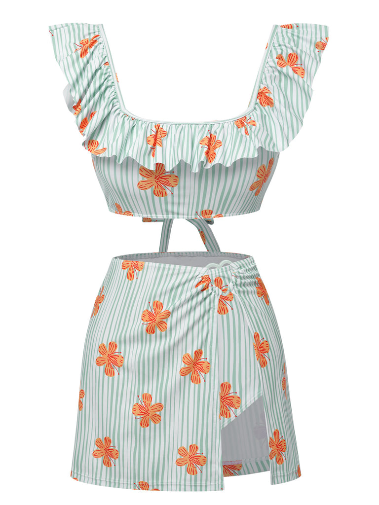 Light Green 1950s Floral Stripe Swimsuit & Skirt Cover-Up