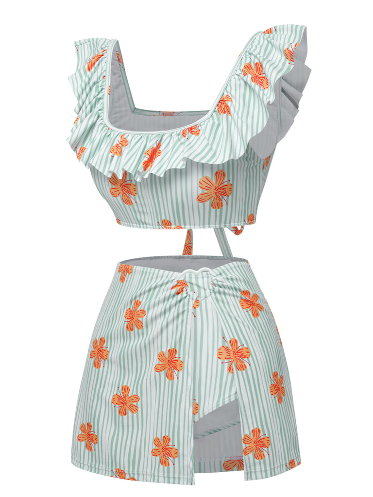 Light Green 1950s Floral Stripe Swimsuit & Skirt Cover-Up