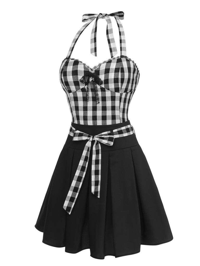 [Pre-Sale] 2PCS Black 1950s Plaid Halter Top & Umbrella Skirt