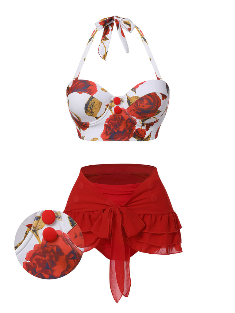 [Pre-Sale] 2PCS Red 1960s Roses Halter Swimsuit & Skirt Cover-Up