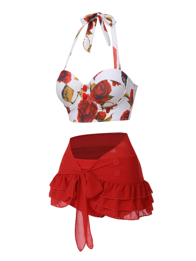 [Pre-Sale] 2PCS Red 1960s Roses Halter Swimsuit & Skirt Cover-Up
