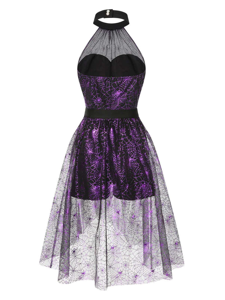 [Pre-Sale] 2PCS Black & Purple 1950s Spiderweb Mesh Romper & Skirt Cover-Up