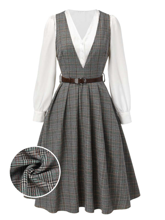 2PCS Grey 1940s V-Neck Plaid Dress & Satin Blouse