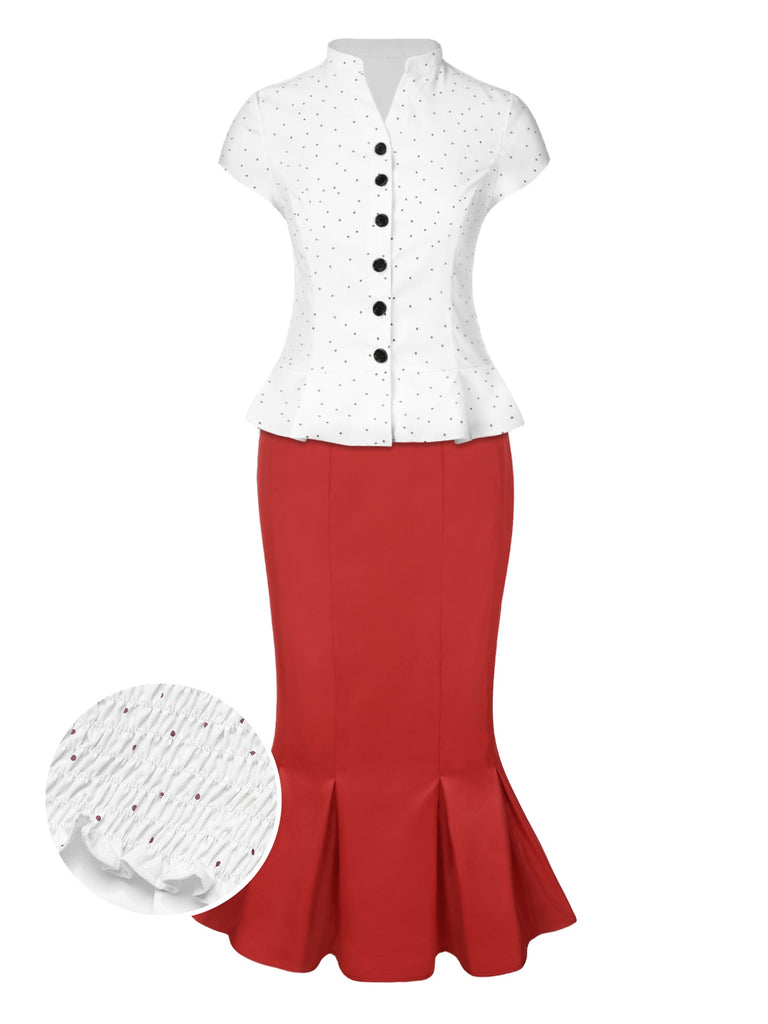 [Pre-Sale] 2PCS White 1930s Dots Smocked Blouse & Red Mermaid Skirt