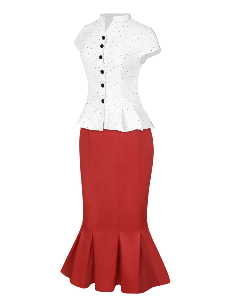 [Pre-Sale] 2PCS White 1930s Dots Smocked Blouse & Red Mermaid Skirt