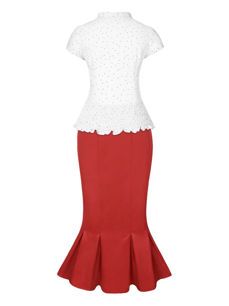 [Pre-Sale] 2PCS White 1930s Dots Smocked Blouse & Red Mermaid Skirt