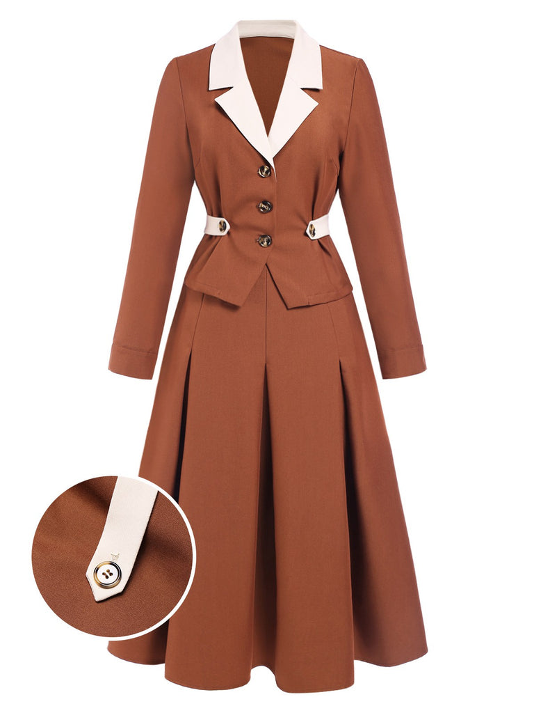 [Pre-Sale] 2PCS Brown 1940s Lapel Coat & Pleated Skirt