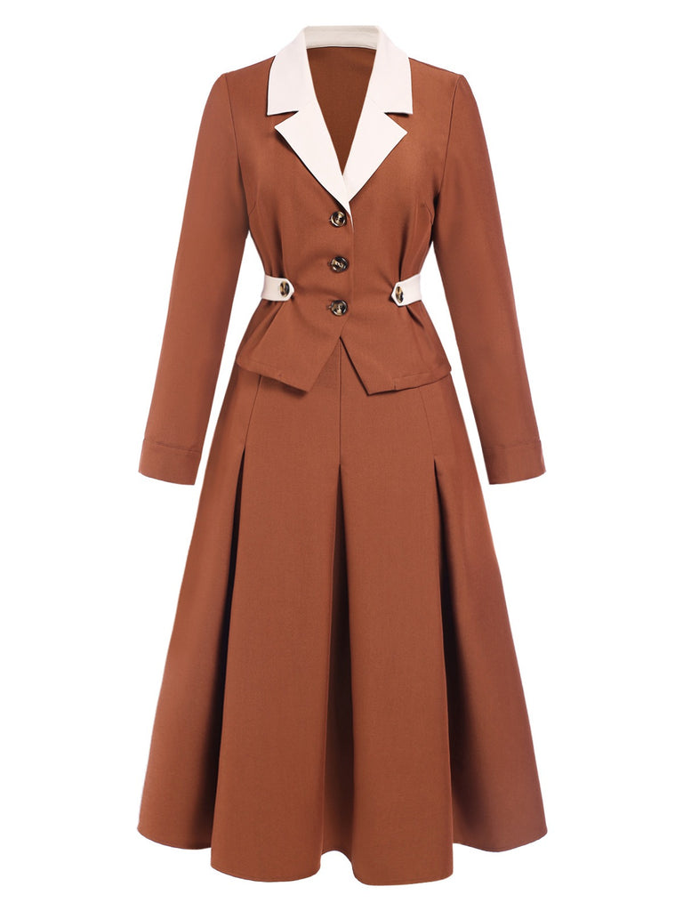 [Pre-Sale] 2PCS Brown 1940s Lapel Coat & Pleated Skirt