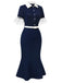 [Pre-Sale] 2PCS Blue 1930s Dots Lapel Blouse & Belted Mermaid Skirt