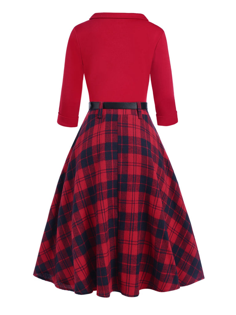 [Pre-Sale] 2PCS Red 1940s Lapel Top & Plaid Skirt