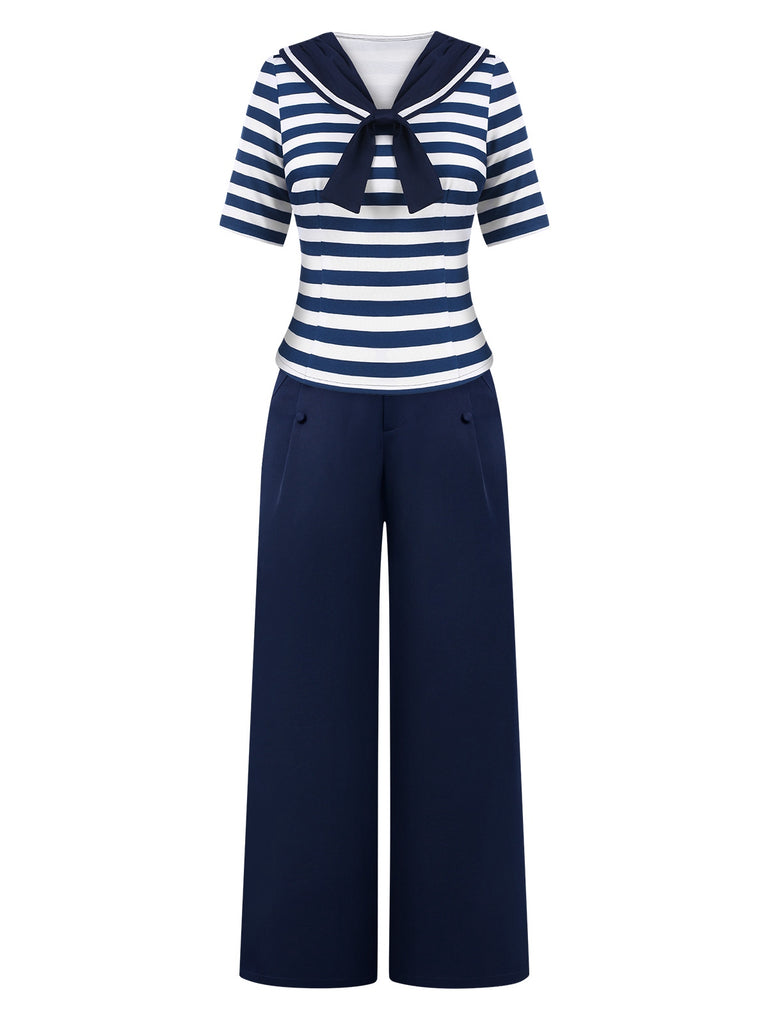 [Pre-Sale] 2PCS Blue 1950s Stripes Top & Buttoned Pants