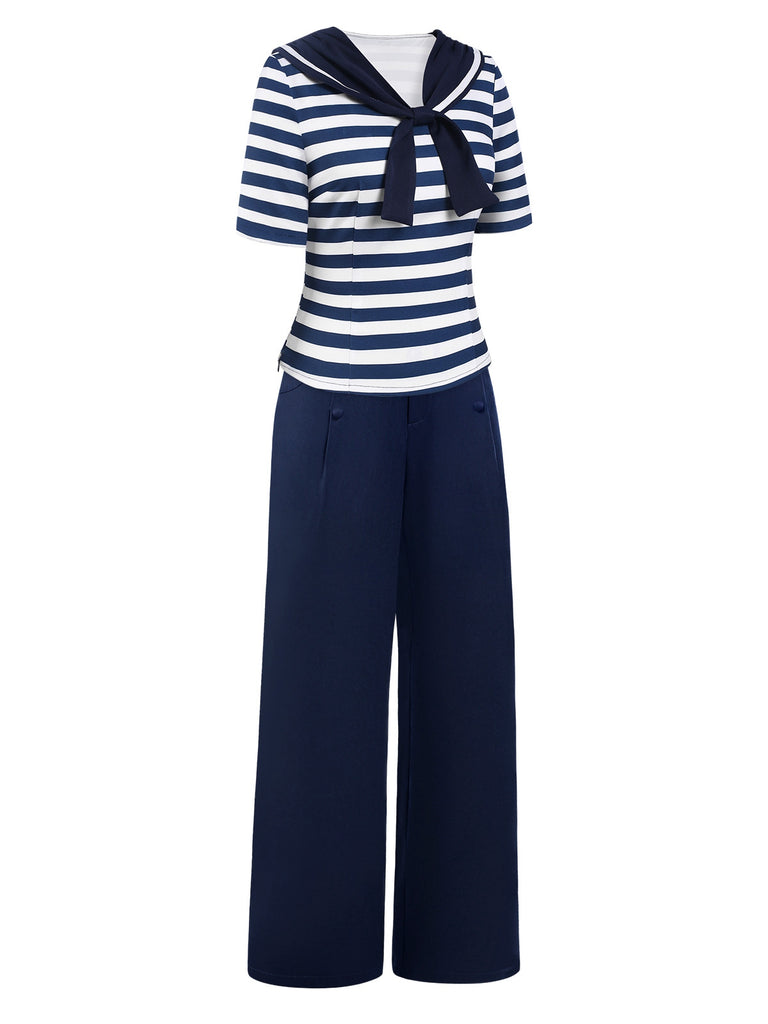 [Pre-Sale] 2PCS Blue 1950s Stripes Top & Buttoned Pants