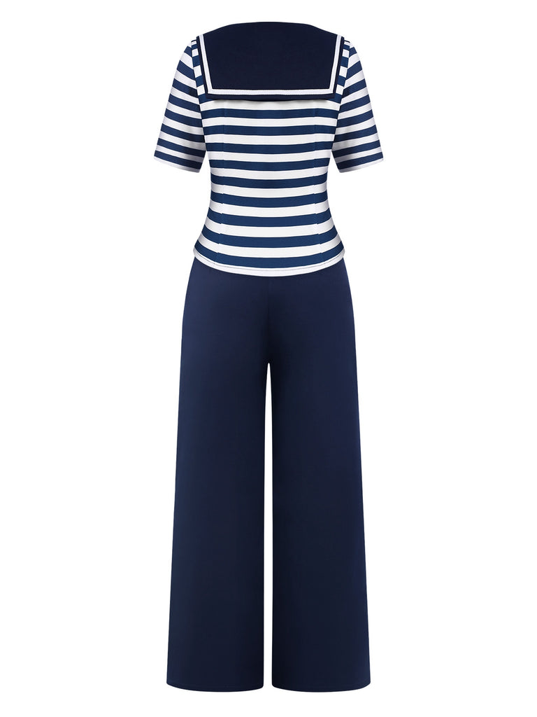 [Pre-Sale] 2PCS Blue 1950s Stripes Top & Buttoned Pants