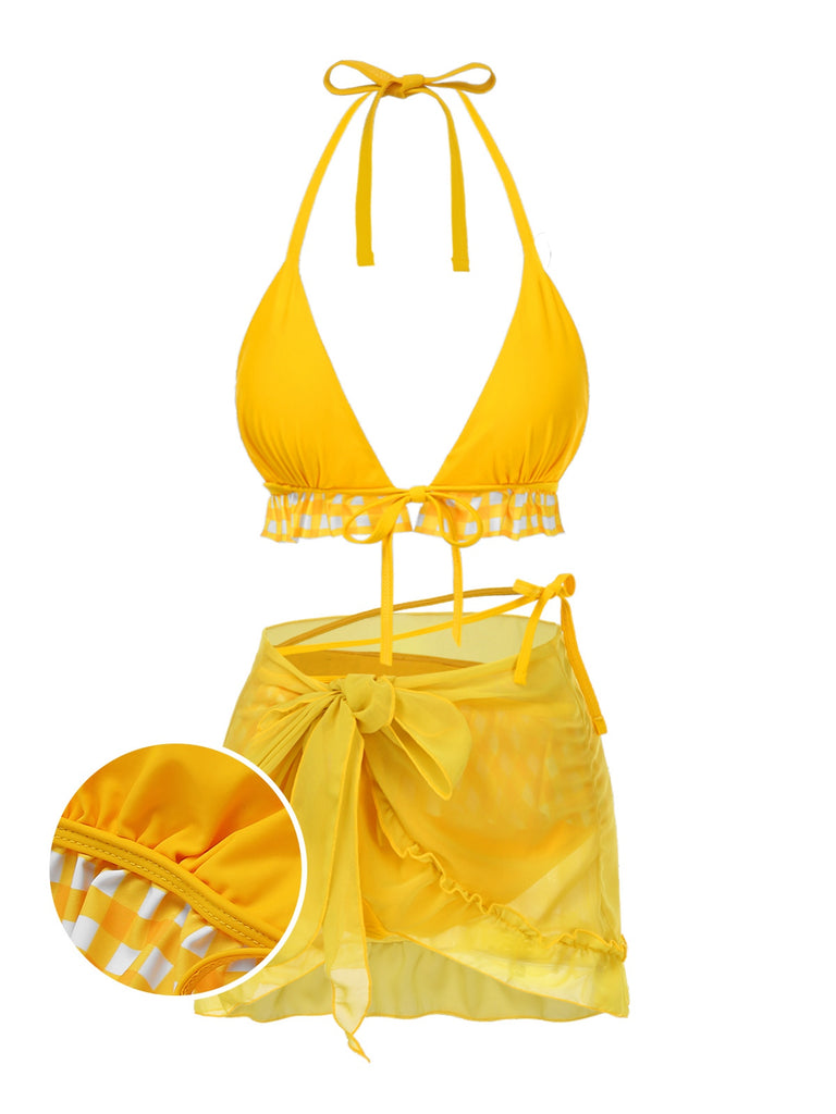 [Pre-Sale] 2PCS Yellow 1950s Plaid Ruffle Bikini Set & Cover-Up