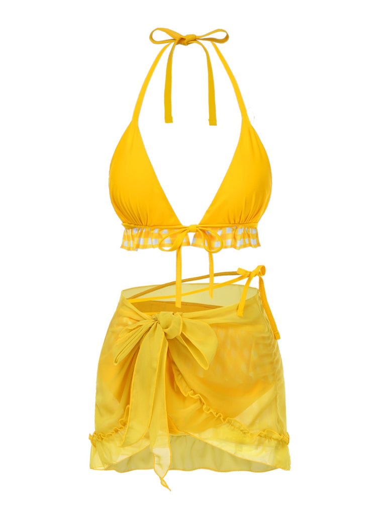 [Pre-Sale] 2PCS Yellow 1950s Plaid Ruffle Bikini Set & Cover-Up