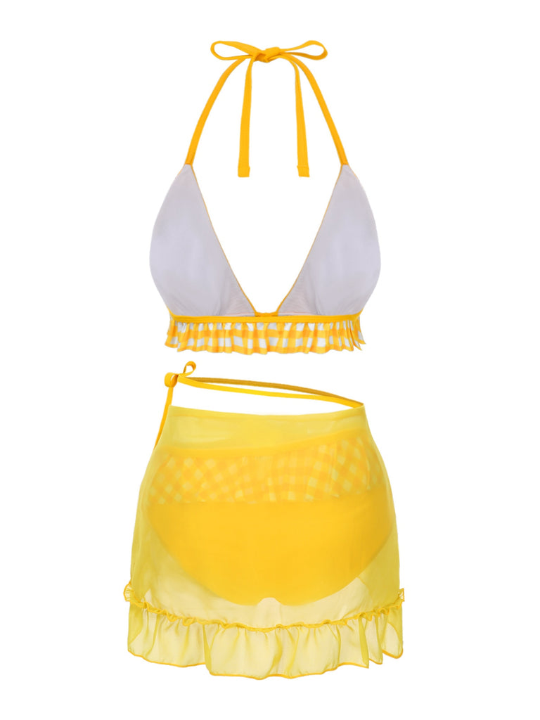 [Pre-Sale] 2PCS Yellow 1950s Plaid Ruffle Bikini Set & Cover-Up