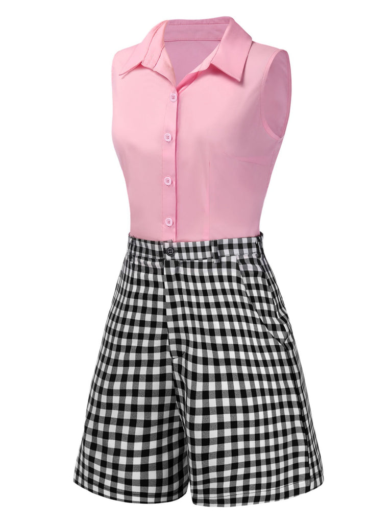 [Pre-Sale] 2PCS Pink & Black 1960s Sleeveless Blouse & Plaid Shorts