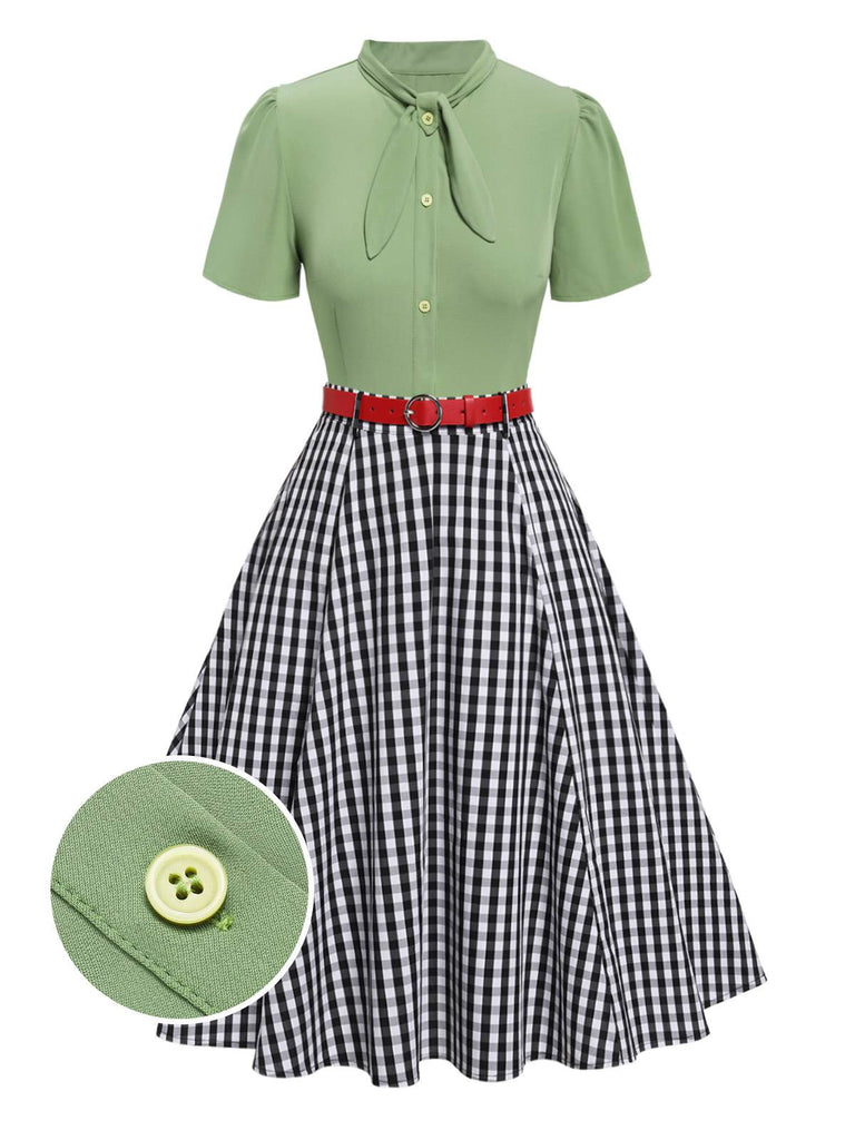 [Pre-Sale] 2PCS 1940s Green Tie-Neck Blouse & Plaid Skirt