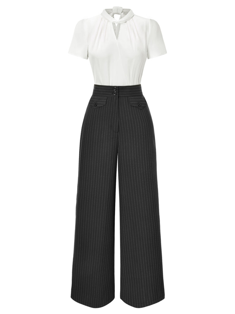 [Pre-Sale] 2PCS 1930s White Satin Blouse & Gray Pinstripes Pants