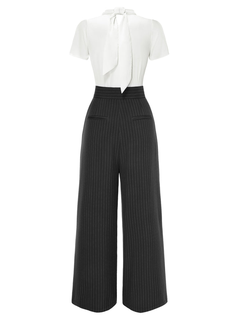 [Pre-Sale] 2PCS 1930s White Satin Blouse & Gray Pinstripes Pants