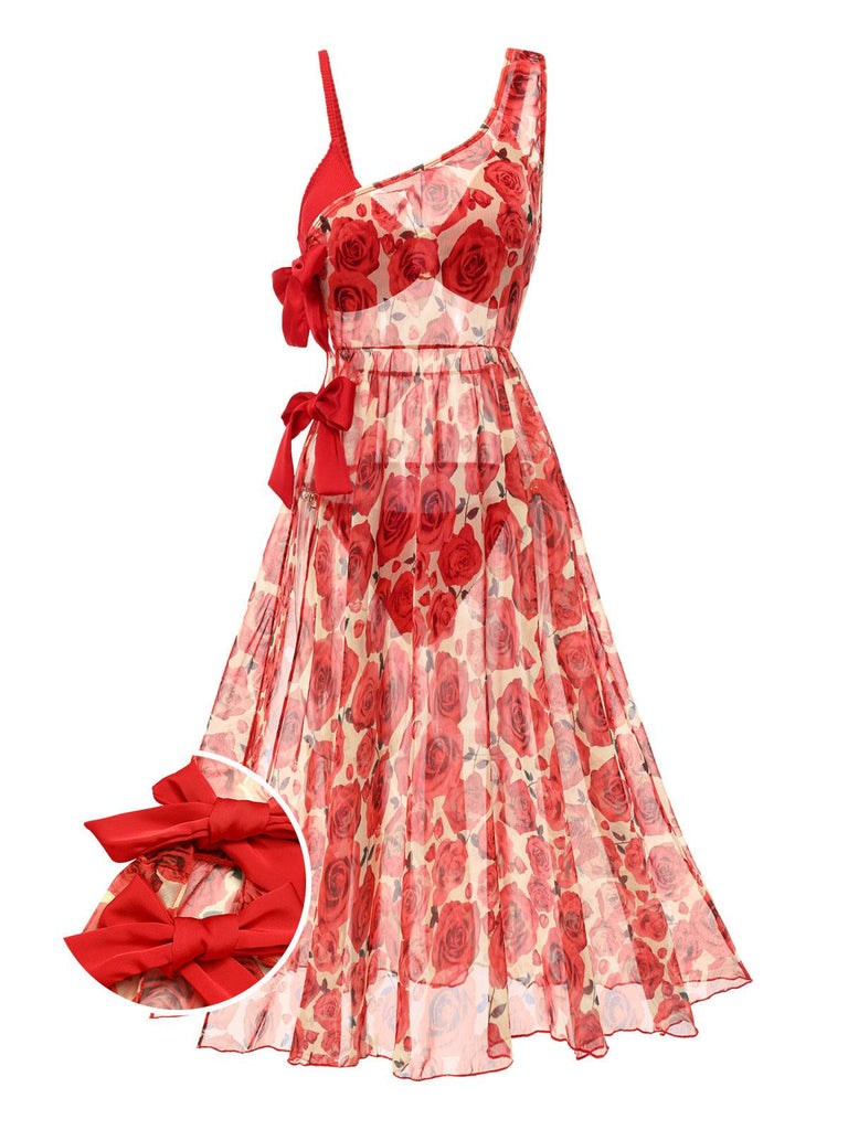 [Pre-Sale] 2PCS Red 1960s Glitter Ring Bikini Set & Roses Cover-Up