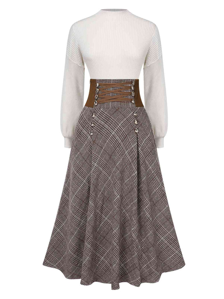 2PCS 1940s White Sweater & Brown Plaid Skirt